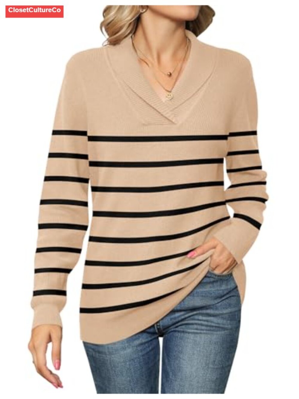 Women's Long Sleeve V Neck Knit Pullover Sweater Collared Loose Fit